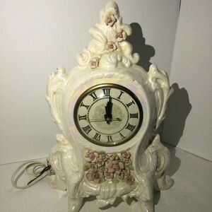 Vintage Elegant Porcelain Cream and Pink Floral Mantle Clock